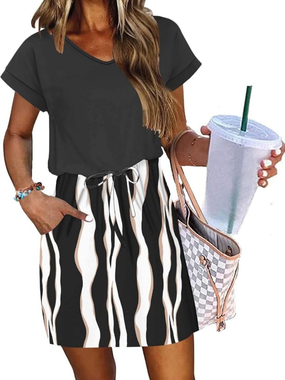 Summer Mini Dress for Women | Short Sleeve V-Neck | Casual Drawstring Style